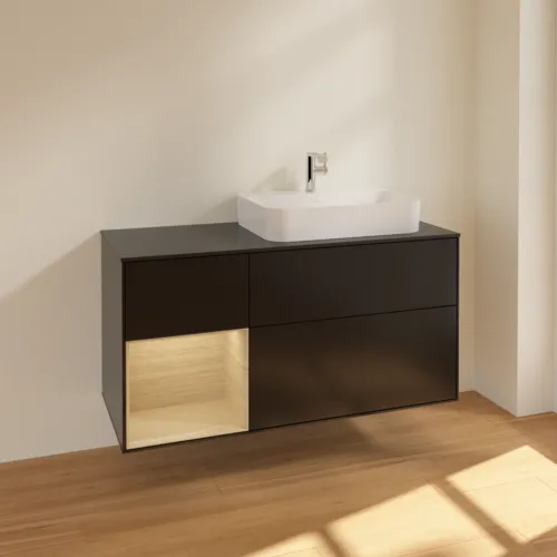 VILLEROY BOCH Toaletní skříňka Finion, s osvětlením, 3 výsuvy, 1200 x 603 x 501 mm, černý matný lak / dubová dýha / černé matné sklo #F392PCPD, obrázek 2