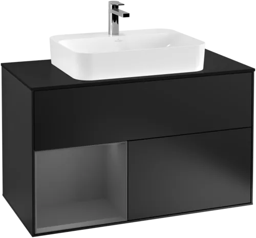 VILLEROY BOCH Toaletní skříňka Finion, s osvětlením, 2 výsuvy, 1000 x 603 x 501 mm, černý matný lak / antracitový matný lak / černé matné sklo #F362GKPD