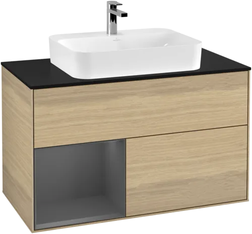 VILLEROY BOCH Toaletní skříňka Finion, s osvětlením, 2 výsuvy, 1000 x 603 x 501 mm, dubová dýha / antracitový matný lak / černé matné sklo #F362GKPC