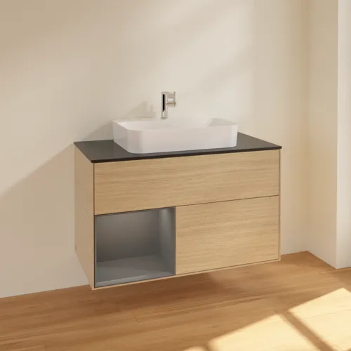 VILLEROY BOCH Toaletní skříňka Finion, s osvětlením, 2 výsuvy, 1000 x 603 x 501 mm, dubová dýha / antracitový matný lak / černé matné sklo #F362GKPC, obrázek 2