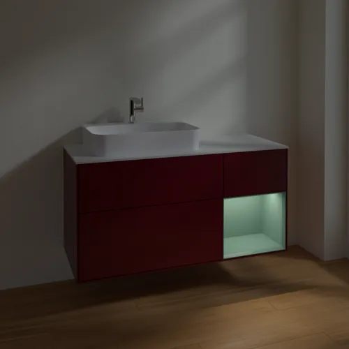 VILLEROY BOCH Toaletní skříňka Finion, s osvětlením, 3 výsuvy, 1200 x 603 x 501 mm, Pivoňka matný lak / Olivový matný lak / Sklo bílé matné #F401GMHB, obrázek 5
