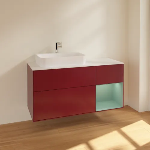 VILLEROY BOCH Toaletní skříňka Finion, s osvětlením, 3 výsuvy, 1200 x 603 x 501 mm, Pivoňka matný lak / Olivový matný lak / Sklo bílé matné #F401GMHB, obrázek 2