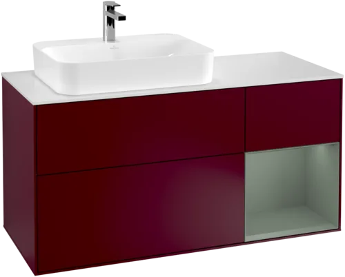 VILLEROY BOCH Toaletní skříňka Finion, s osvětlením, 3 výsuvy, 1200 x 603 x 501 mm, Pivoňka matný lak / Olivový matný lak / Sklo bílé matné #F401GMHB