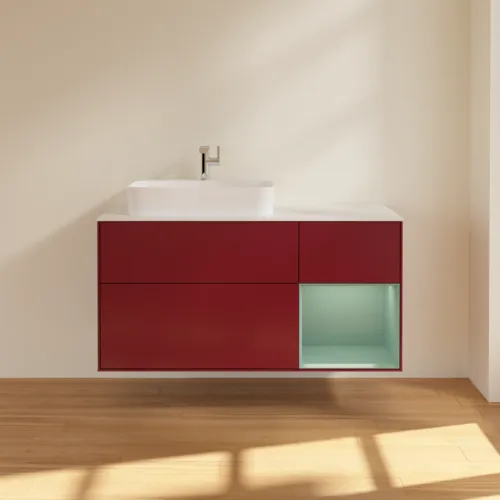 VILLEROY BOCH Toaletní skříňka Finion, s osvětlením, 3 výsuvy, 1200 x 603 x 501 mm, Pivoňka matný lak / Olivový matný lak / Sklo bílé matné #F401GMHB, obrázek 3