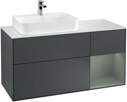 VILLEROY BOCH Toaletní skříňka Finion, s osvětlením, 3 výsuvy, 1200 x 603 x 501 mm, Midnight Blue Matt Lacquer / Olive Matt Lacquer / Glass White Matt #F401GMHG, obrázek 1