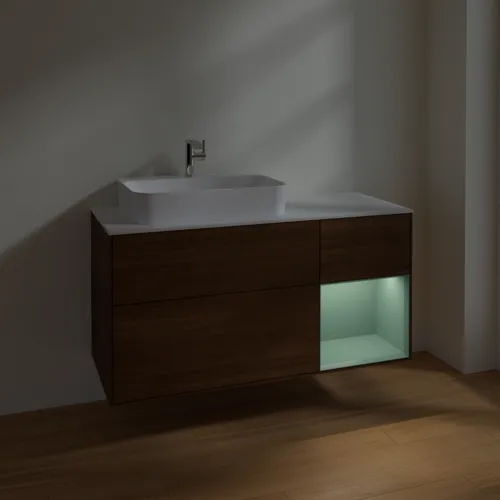 VILLEROY BOCH Toaletní stolek Finion, s osvětlením, 3 výsuvy, 1200 x 603 x 501 mm, ořechová dýha / olivový matný lak / sklo bílé matné #F401GMGN, obrázek 5