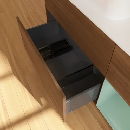 VILLEROY BOCH Toaletní stolek Finion, s osvětlením, 3 výsuvy, 1200 x 603 x 501 mm, ořechová dýha / olivový matný lak / sklo bílé matné #F401GMGN, obrázek 7