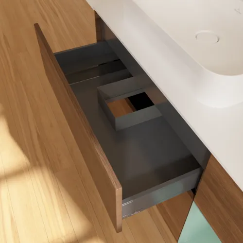 VILLEROY BOCH Toaletní stolek Finion, s osvětlením, 3 výsuvy, 1200 x 603 x 501 mm, ořechová dýha / olivový matný lak / sklo bílé matné #F401GMGN, obrázek 8