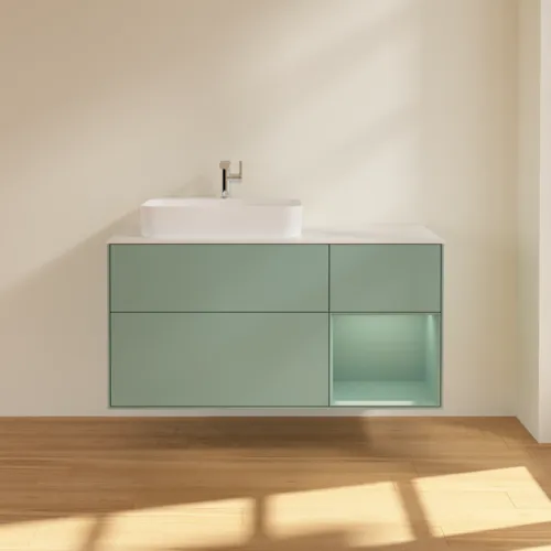 VILLEROY BOCH Toaletní skříňka Finion, s osvětlením, 3 výsuvy, 1200 x 603 x 501 mm, olivově matný lak / olivově matný lak / sklo bílé matné #F401GMGM, obrázek 3