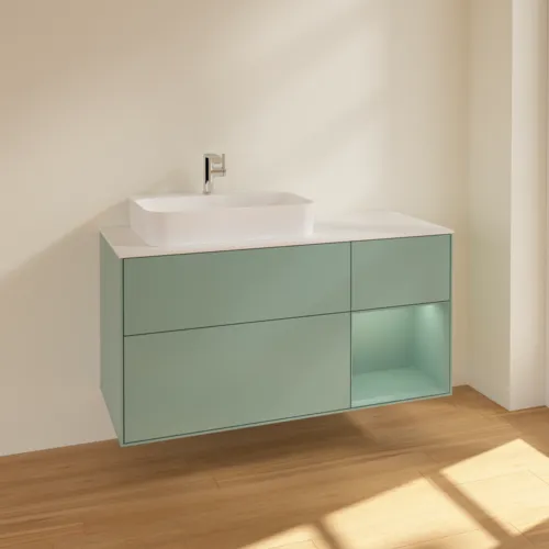 VILLEROY BOCH Toaletní skříňka Finion, s osvětlením, 3 výsuvy, 1200 x 603 x 501 mm, olivově matný lak / olivově matný lak / sklo bílé matné #F401GMGM, obrázek 2