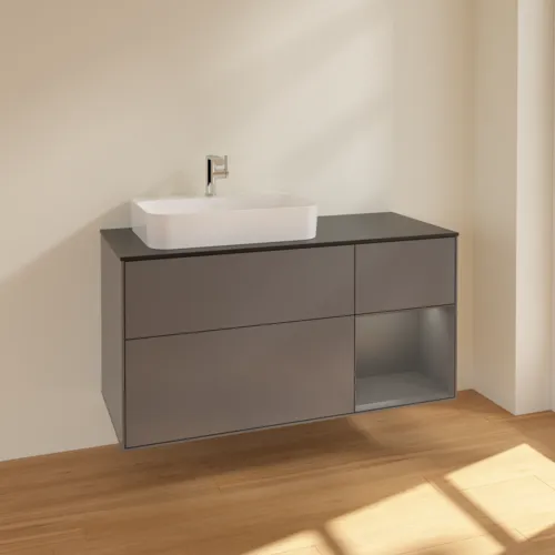 VILLEROY BOCH Toaletní skříňka Finion, s osvětlením, 3 výsuvy, 1200 x 603 x 501 mm, antracit matný lak / antracit matný lak / sklo černé matné #F402GKGK, obrázek 2