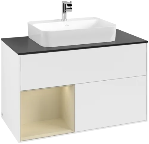 VILLEROY BOCH Toaletní skříňka Finion, s osvětlením, 2 výsuvy, 1000 x 603 x 501 mm, bílý matný lak / hedvábně šedý matný lak / černé matné sklo #F362HJMT