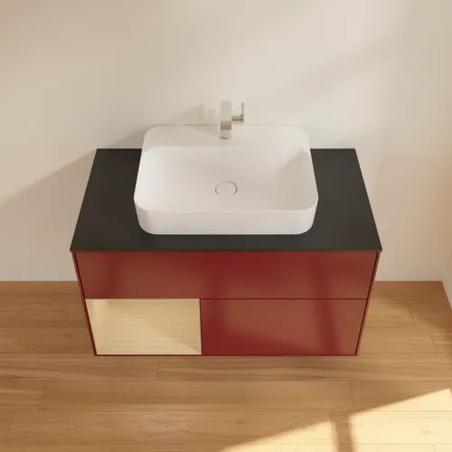 VILLEROY BOCH Toaletní stolek Finion, s osvětlením, 2 výsuvy, 1000 x 603 x 501 mm, matný lak Peony / dubová dýha / černé matné sklo #F362PCHB, obrázek 4