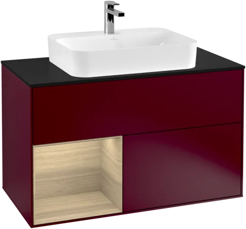 VILLEROY BOCH Toaletní stolek Finion, s osvětlením, 2 výsuvy, 1000 x 603 x 501 mm, matný lak Peony / dubová dýha / černé matné sklo #F362PCHB