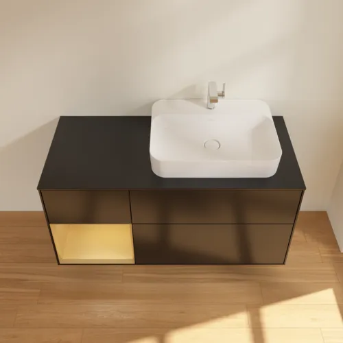 VILLEROY BOCH Toaletní skříňka Finion, s osvětlením, 3 výsuvy, 1200 x 603 x 501 mm, černý matný lak / zlatý matný lak / černé matné sklo #F392HFPD, obrázek 4
