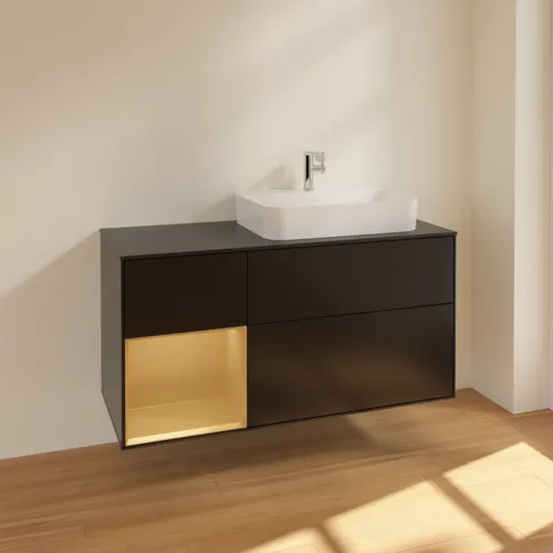 VILLEROY BOCH Toaletní skříňka Finion, s osvětlením, 3 výsuvy, 1200 x 603 x 501 mm, černý matný lak / zlatý matný lak / černé matné sklo #F392HFPD, obrázek 2