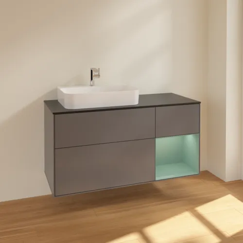 VILLEROY BOCH Toaletní skříňka Finion, s osvětlením, 3 výsuvy, 1200 x 603 x 501 mm, antracitový matný lak / olivový matný lak / černé matné sklo #F402GMGK, obrázek 2