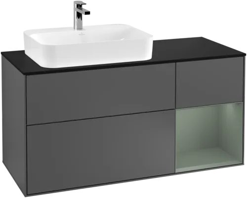 VILLEROY BOCH Toaletní skříňka Finion, s osvětlením, 3 výsuvy, 1200 x 603 x 501 mm, antracitový matný lak / olivový matný lak / černé matné sklo #F402GMGK