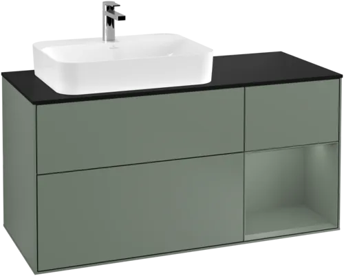 VILLEROY BOCH Toaletní skříňka Finion, s osvětlením, 3 výsuvy, 1200 x 603 x 501 mm, olivově matný lak / olivově matný lak / sklo černé matné #F402GMGM