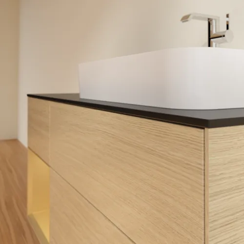 VILLEROY BOCH Toaletní skříňka Finion, s osvětlením, 3 výsuvy, 1200 x 603 x 501 mm, dubová dýha / zlatý matný lak / černé matné sklo #F392HFPC, obrázek 6