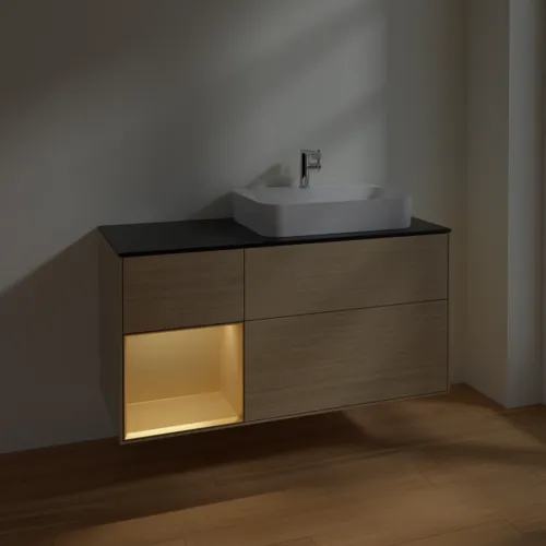VILLEROY BOCH Toaletní skříňka Finion, s osvětlením, 3 výsuvy, 1200 x 603 x 501 mm, dubová dýha / zlatý matný lak / černé matné sklo #F392HFPC, obrázek 5