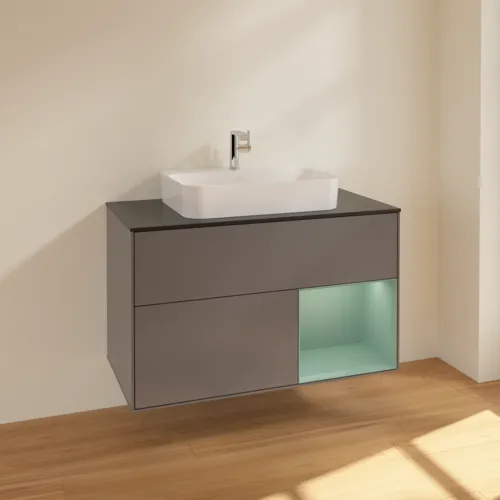 VILLEROY BOCH Toaletní skříňka Finion, s osvětlením, 2 výsuvy, 1000 x 603 x 501 mm, antracitový matný lak / olivový matný lak / černé matné sklo #F372GMGK, obrázek 2