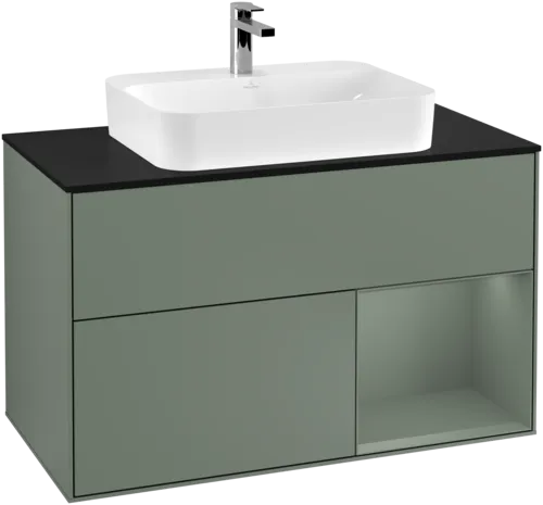 VILLEROY BOCH Toaletní skříňka Finion, s osvětlením, 2 výsuvy, 1000 x 603 x 501 mm, olivově matný lak / olivově matný lak / sklo černé matné #F372GMGM