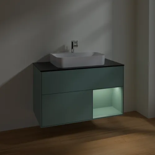 VILLEROY BOCH Toaletní skříňka Finion, s osvětlením, 2 výsuvy, 1000 x 603 x 501 mm, olivově matný lak / olivově matný lak / sklo černé matné #F372GMGM, obrázek 5