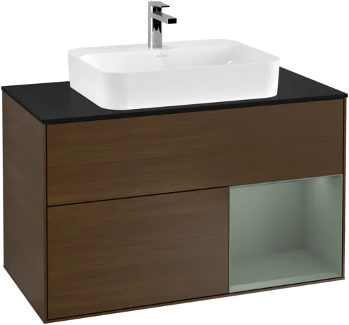 VILLEROY BOCH Toaletní skříňka Finion, s osvětlením, 2 výsuvy, 1000 x 603 x 501 mm, ořechová dýha / olivový matný lak / sklo černé matné #F372GMGN