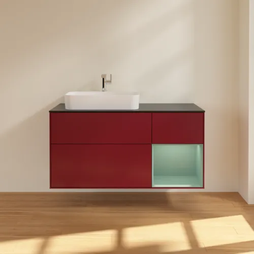 VILLEROY BOCH Toaletní skříňka Finion, s osvětlením, 3 výsuvy, 1200 x 603 x 501 mm, Pivoňka matný lak / Olivový matný lak / Sklo černé matné #F402GMHB, obrázek 3