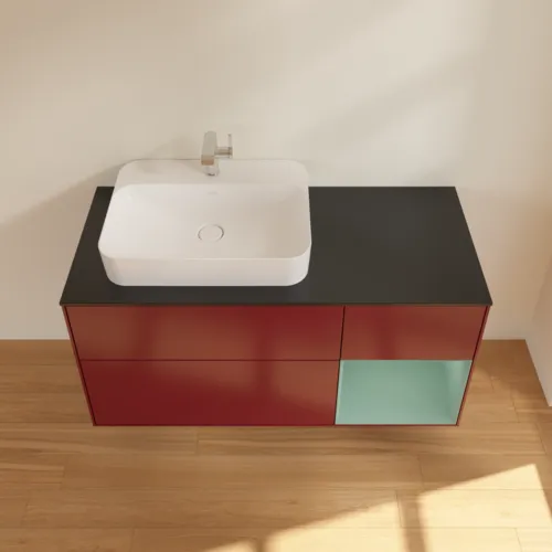 VILLEROY BOCH Toaletní skříňka Finion, s osvětlením, 3 výsuvy, 1200 x 603 x 501 mm, Pivoňka matný lak / Olivový matný lak / Sklo černé matné #F402GMHB, obrázek 4