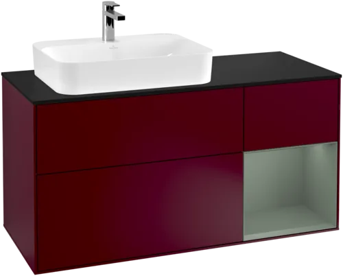 VILLEROY BOCH Toaletní skříňka Finion, s osvětlením, 3 výsuvy, 1200 x 603 x 501 mm, Pivoňka matný lak / Olivový matný lak / Sklo černé matné #F402GMHB