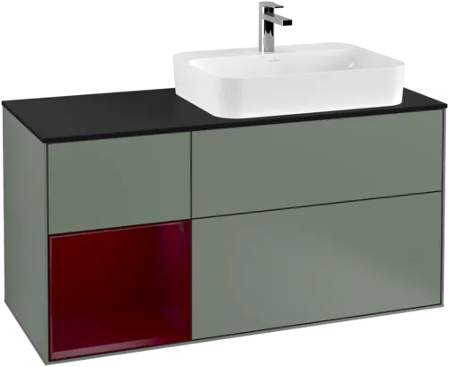 VILLEROY BOCH Toaletní skříňka Finion, s osvětlením, 3 výsuvy, 1200 x 603 x 501 mm, olivový matný lak / pivoňkový matný lak / černé matné sklo #F392HBGM, obrázek 1