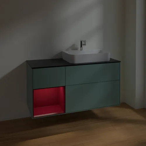 VILLEROY BOCH Toaletní skříňka Finion, s osvětlením, 3 výsuvy, 1200 x 603 x 501 mm, olivový matný lak / pivoňkový matný lak / černé matné sklo #F392HBGM, obrázek 5