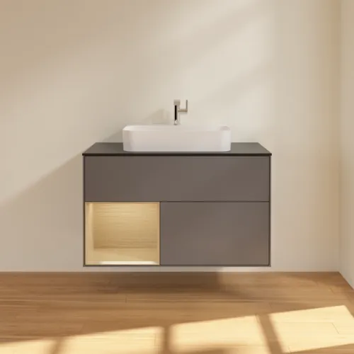 VILLEROY BOCH Toaletní skříňka Finion, s osvětlením, 2 výsuvy, 1000 x 603 x 501 mm, antracitový matný lak / dubová dýha / černé matné sklo #F362PCGK, obrázek 3