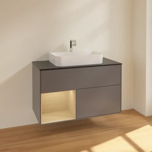 VILLEROY BOCH Toaletní skříňka Finion, s osvětlením, 2 výsuvy, 1000 x 603 x 501 mm, antracitový matný lak / dubová dýha / černé matné sklo #F362PCGK, obrázek 2