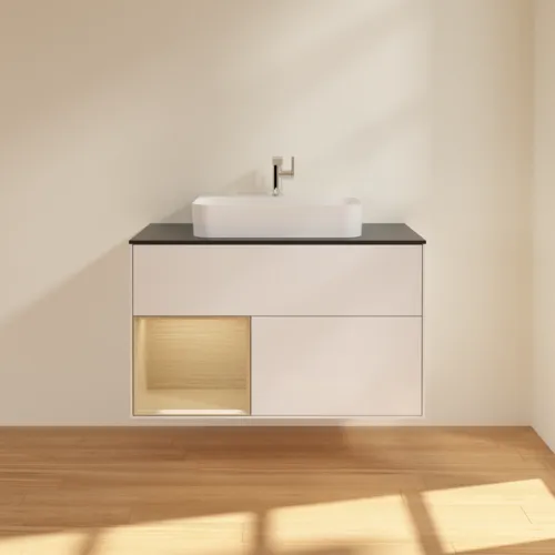VILLEROY BOCH Toaletní skříňka Finion, s osvětlením, 2 výsuvy, 1000 x 603 x 501 mm, lesklý bílý lak / dubová dýha / černé matné sklo #F362PCGF, obrázek 3