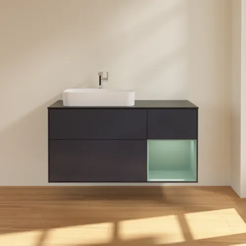 VILLEROY BOCH Toaletní skříňka Finion, s osvětlením, 3 výsuvy, 1200 x 603 x 501 mm, Midnight Blue Matt Lacquer / Olive Matt Lacquer / Glass Black Matt #F402GMHG, obrázek 3