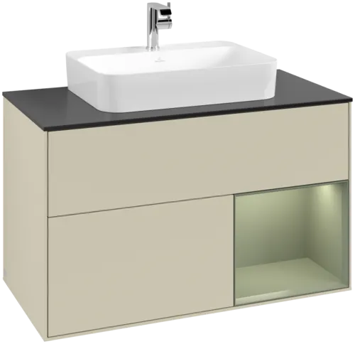VILLEROY BOCH Toaletní skříňka Finion, s osvětlením, 2 výsuvy, 1000 x 603 x 501 mm, hedvábně šedý matný lak / olivový matný lak / černé matné sklo #F372GMHJ