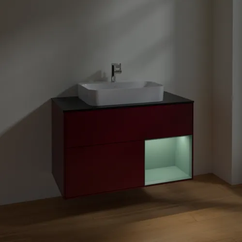 VILLEROY BOCH Toaletní skříňka Finion, s osvětlením, 2 výsuvy, 1000 x 603 x 501 mm, Pivoňka matný lak / Olivový matný lak / Sklo černé matné #F372GMHB, obrázek 5