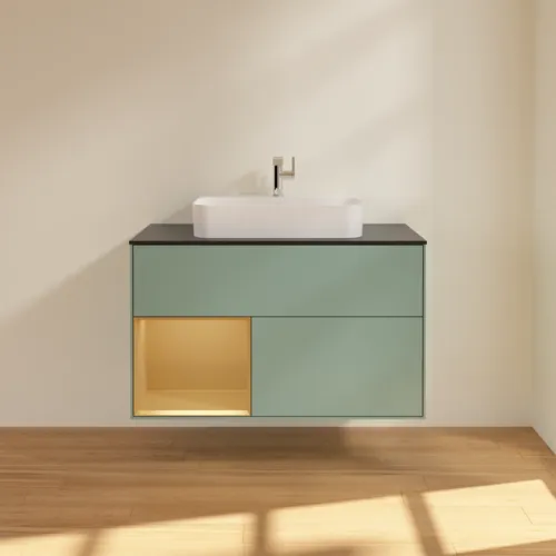 VILLEROY BOCH Toaletní skříňka Finion, s osvětlením, 2 výsuvy, 1000 x 603 x 501 mm, olivový matný lak / zlatý matný lak / černé matné sklo #F362HFGM, obrázek 3