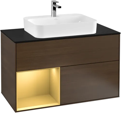 VILLEROY BOCH Toaletní skříňka Finion, s osvětlením, 2 výsuvy, 1000 x 603 x 501 mm, ořechová dýha / zlatý matný lak / černé matné sklo #F362HFGN