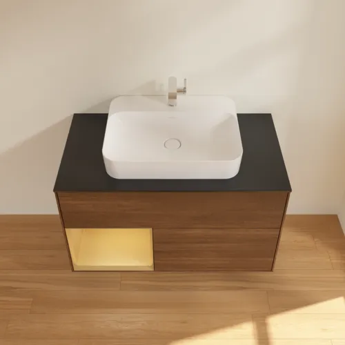 VILLEROY BOCH Toaletní skříňka Finion, s osvětlením, 2 výsuvy, 1000 x 603 x 501 mm, ořechová dýha / zlatý matný lak / černé matné sklo #F362HFGN, obrázek 4