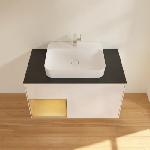 VILLEROY BOCH Toaletní skříňka Finion, s osvětlením, 2 výsuvy, 1000 x 603 x 501 mm, lesklý bílý lak / zlatý matný lak / černé matné sklo #F362HFGF, obrázek 4