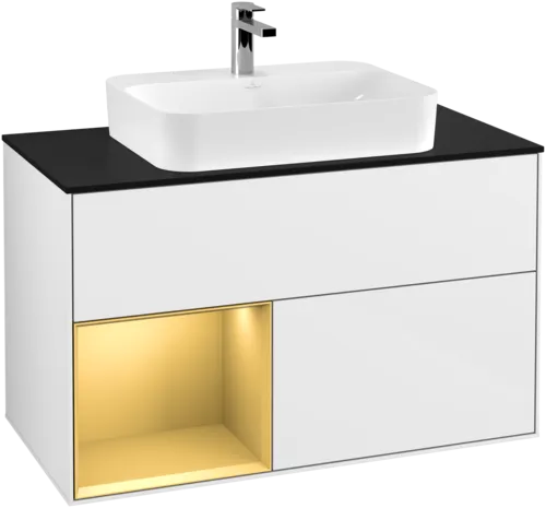 VILLEROY BOCH Toaletní skříňka Finion, s osvětlením, 2 výsuvy, 1000 x 603 x 501 mm, lesklý bílý lak / zlatý matný lak / černé matné sklo #F362HFGF