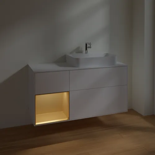 VILLEROY BOCH Toaletní skříňka Finion, s osvětlením, 3 výsuvy, 1200 x 603 x 501 mm, bílý matný lak / zlatý matný lak / bílé matné sklo #F391HFMT, obrázek 5
