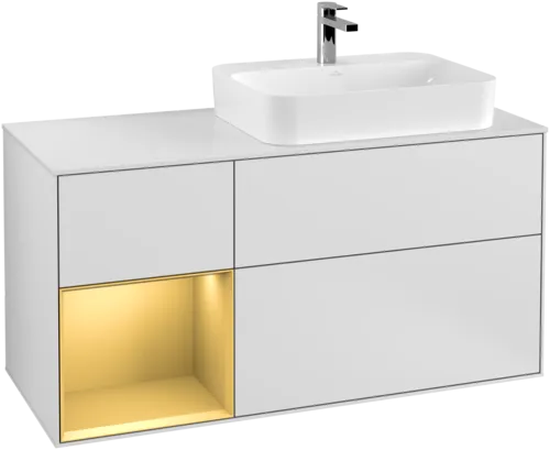 VILLEROY BOCH Toaletní skříňka Finion, s osvětlením, 3 výsuvy, 1200 x 603 x 501 mm, bílý matný lak / zlatý matný lak / bílé matné sklo #F391HFMT, obrázek 1
