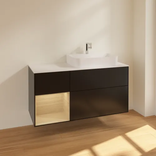 VILLEROY BOCH Toaletní skříňka Finion, s osvětlením, 3 výsuvy, 1200 x 603 x 501 mm, černý matný lak / dubová dýha / sklo bílé matné #F391PCPD, obrázek 2