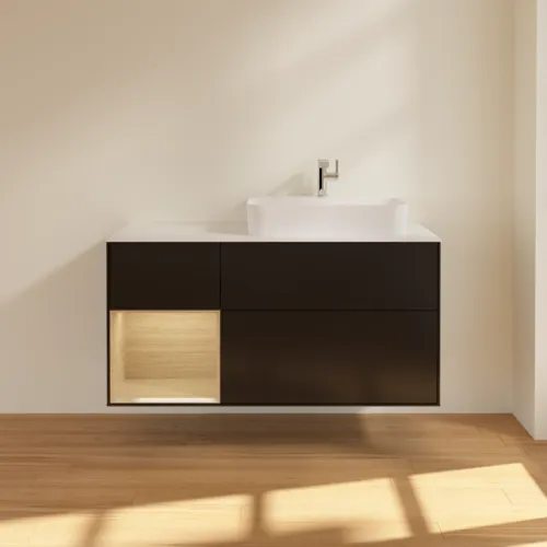 VILLEROY BOCH Toaletní skříňka Finion, s osvětlením, 3 výsuvy, 1200 x 603 x 501 mm, černý matný lak / dubová dýha / sklo bílé matné #F391PCPD, obrázek 3