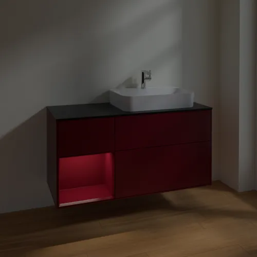 VILLEROY BOCH Toaletní skříňka Finion, s osvětlením, 3 výsuvy, 1200 x 603 x 501 mm, Peony Matt Lacquer / Peony Matt Lacquer / Glass Black Matt #F392HBHB, obrázek 5